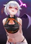  1girl absurdres amemiya_nazuna black_headwear black_panties black_shirt breasts broken_halo cleavage_cutout clothing_cutout commentary demon_girl demon_wings earrings fang halloween halo hat heterochromia highres jewelry looking_at_viewer navel panties panty_straps purple_eyes red_eyes shirt short_hair shorts single_earring single_wing skin_fang skull_earrings small_breasts stomach_tattoo tattoo tongue tongue_out unbuttoned unbuttoned_shorts underwear virtual_youtuber vshojo white_hair white_shorts wings yoshikawa_hiro 