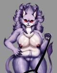  anthro belladonna_(trials_of_mana) big_breasts body_hair breasts dominant dominant_female felid feline female first_person_view fur genitals gothicgalaxies_(artist) happy_trail hi_res leash leash_pull lips looking_at_viewer mammal neck_tuft nipples purple_body purple_fur purple_lips pussy red_eyes slightly_chubby solo standing tail_tuft trials_of_mana tuft 