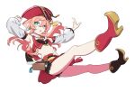  1girl :o aahaha_(ydasige11) antlers bangs boots breasts cleavage crop_top detached_sleeves full_body genshin_impact green_eyes hair_between_eyes hat high_heel_boots high_heels long_hair looking_at_viewer parted_lips pink_hair red_headwear short_shorts shorts simple_background small_breasts solo tassel white_background yanfei_(genshin_impact) 