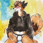  1:1 abstract_background akatan_art anthro black_clothing black_hoodie black_nose black_topwear blush bodily_fluids bottomwear brown_hair bulge canid cheek_tuft clothed clothing ear_piercing ear_ring ears_back facial_tuft front_view fur hair hi_res hoodie male mammal open_mouth orange_body orange_fur pants piercing pivoted_ears ring_piercing short_hair simple_eyes sitting solo sweat topwear tuft underwear unsigned white_body white_bottomwear white_clothing white_fur white_pants white_underwear 