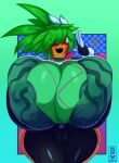  areola big_breasts blaster_master blush bodily_fluids breasts camel_toe clothing daiidalus elemental_creature elemental_humanoid ellipsis english_text eyes_closed female flora_fauna gloves green_areola green_body handwear hi_res huge_breasts humanoid hyper hyper_breasts jumpsuit kanna_(blaster_master) nipple_outline open_mouth plant plant_humanoid question_mark solo sweat sweatdrop text thick_thighs video_games wide_hips zipper zipper_down 