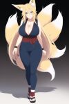  1girl ai-generated animal_ears blonde_hair blue_eyes breasts cleavage fox_ears fox_girl fox_tail full_body large_breasts long_hair looking_at_viewer multiple_tails non-web_source sandals simple_background solo tail 