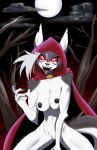  anthro breasts canid canid_demon canine cloak_only clothed clothed/nude clothing crunkerton demon ear_piercing female forest genitals hair hellhound helluva_boss hi_res legwear leotard loona_(helluva_boss) mammal navel night nude piercing plant pussy red_eyes solo teeth tree 