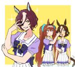  3girls :d afterimage animal_ears bangs border bow bowtie brown_hair closed_mouth crown daiwa_scarlet_(umamusume) earrings eyepatch grin hair_over_one_eye highres horse_ears horse_girl horse_tail jewelry long_hair looking_at_viewer motion_lines multiple_girls open_mouth orange_hair potomithu purple_bow purple_bowtie purple_eyes school_uniform short_hair short_sleeves simple_background smile tail tanino_gimlet_(umamusume) teeth tracen_school_uniform twintails umamusume vodka_(umamusume) white_border yellow_background yellow_eyes 