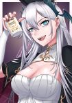  1girl aqua_eyes bat_hair_ornament beer_can breasts can cleavage_cutout clothing_cutout detached_sleeves dress fangs grey_hair hair_between_eyes hair_ornament highres indie_virtual_youtuber long_hair medium_breasts mole mole_under_mouth pochimaru_(vtuber) red_nails sicescythe smile solo white_dress white_sleeves 
