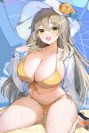  1girl :d absurdres beach_umbrella bikini blonde_hair blue_archive blue_sky breasts cleavage cloud day front-tie_top green_eyes halterneck hat highres jintianhuahualema large_breasts long_sleeves looking_at_viewer navel nonomi_(blue_archive) nonomi_(swimsuit)_(blue_archive) open_clothes open_shirt outdoors see-through shirt side-tie_bikini_bottom sitting sky smile solo stomach strap_pull string_bikini sun_hat swimsuit teeth thighs umbrella upper_teeth wet white_headwear white_shirt yellow_bikini 