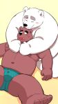  2022 anthro belly big_belly black_nose blush bulge clothing duo embrace hi_res hug hugging_from_behind kemono kick_(artist) lying male male/male mammal moobs navel nipples overweight overweight_male simple_background underwear ursid white_body 