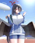  1girl :o absurdres aircraft black_hair blue_archive blue_jacket blush breasts choker cowboy_shot dirigible hair_between_eyes halo hasumi_(blue_archive) hasumi_(gym_uniform)_(blue_archive) highres holding jacket large_breasts long_hair long_sleeves looking_at_viewer low_wings mashiro03 outdoors parted_lips partially_unzipped ponytail red_eyes shirt solo thighs white_shirt wings 