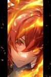  1boy bangs closed_eyes closed_mouth commentary_request diluc_(genshin_impact) expressionless fire genshin_impact glowing glowing_eye hair_between_eyes highres kokollet long_hair looking_at_viewer male_focus pillarboxed portrait red_eyes red_hair signature solo 