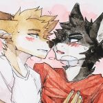  1:1 akatan_art anthro blue_eyes blush bodily_fluids canid cheek_tuft clothed clothing duo eye_contact facial_tuft fur hand_on_chest head_tuft imminent_kiss looking_at_another male male/male mammal narrowed_eyes neck_tuft open_mouth red_clothing red_topwear shirt simple_background sweat t-shirt tan_body tan_fur topwear tuft unsigned white_clothing white_shirt white_t-shirt white_topwear 