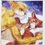  1:1 akatan_art anthro anthro_on_anthro black_nose blonde_hair blush brown_body brown_ears brown_fur canid cheek_tuft duo ears_back facial_tuft fur hair hi_res male male/male mammal nude pivoted_ears short_hair simple_background swear traditional_media_(artwork) tuft unsigned white_body white_fur yellow_body yellow_eyes yellow_fur 