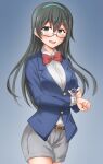  anti_(untea9) belt black_hair blue_background blue_jacket blush bow bowtie breasts cosplay edogawa_conan edogawa_conan_(cosplay) glasses gradient gradient_background green_eyes grey_shorts hairband highres jacket kantai_collection long_hair meitantei_conan neck_ribbon ooyodo_(kancolle) open_mouth red_bow red_bowtie red_ribbon ribbon semi-rimless_eyewear shirt shorts small_breasts smile under-rim_eyewear white_shirt 