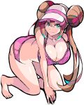  1girl bikini blue_eyes breasts brown_hair cleavage double_bun doughnut_hair_bun enpe hair_bun highres large_breasts long_hair pokemon pokemon_(game) pokemon_bw2 rosa_(pokemon) simple_background solo swimsuit twintails very_long_hair visor_cap white_background 