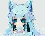 1girl :&lt; alolan_ninetales animal_ear_fluff animal_ears artist_name bangs bare_shoulders blonde_hair blue_eyes blue_ribbon blue_shirt blue_theme blush closed_mouth commentary_request covered_collarbone crossed_bangs expressionless fox_ears fox_girl fur_collar grey_background hair_between_eyes hair_ribbon long_hair outline partial_commentary personification pokemon portrait ribbon shiny shiny_hair shira_(sirairo116) shirt sidelocks signature simple_background sleeveless sleeveless_shirt solo twitter_username white_outline 