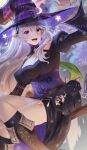  1girl :d black_cat black_dress black_headwear breasts broom cat cleavage corrin_(fire_emblem) corrin_(fire_emblem)_(female) doiparuni dress earrings fire_emblem fire_emblem_fates fire_emblem_heroes grey_hair halloween halloween_costume hat highres jewelry large_breasts long_hair long_sleeves looking_at_viewer official_alternate_costume pointy_ears red_eyes smile solo very_long_hair witch witch_hat 