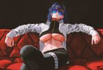  1girl absurdres adapted_costume arm_rest black_pants blue_eyes blue_hair breasts couch crop_top crossed_legs earrings hair_intakes highres hololive hololive_english jewelry large_breasts looking_at_viewer navel on_couch open_clothes open_shirt ouro_kronii pants parted_lips shirt short_hair sitting solo steb stomach sunglasses turtleneck underboob virtual_youtuber white_shirt 