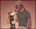  &lt;3 2022 anthro antlers border canid canine canis clothed clothing demon digital_media_(artwork) domestic_dog duo eye_contact female fully_clothed fur hair hi_res horn hybrid looking_at_another male mammal shirt simple_background t-shirt tan_body tan_fur topwear wolf yshanii 