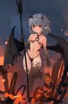  1girl :d bat_wings black_thighhighs black_wings blue_hair breasts english_commentary fang highres holding holding_polearm holding_weapon horns looking_at_viewer navel open_mouth outdoors polearm red_eyes reddizen remilia_scarlet short_hair small_breasts smile solo thighhighs touhou trident weapon wings 