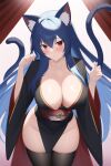  1girl ai-generated animal_ear_fluff animal_ears breasts cat_ears cat_tail cleavage hair_between_eyes japanese_clothes kimono large_breasts long_hair looking_at_viewer multiple_tails non-web_source red_eyes solo tagme tail thighhighs 