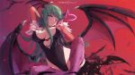  1girl bangs black_leotard blunt_bangs breasts breasts_apart bridal_gauntlets demon_wings ear_piercing green_eyes green_hair head_wings large_breasts leotard long_hair mitsu_(mitsu_art) morrigan_aensland piercing pointy_ears solo vampire_(game) very_long_hair wings 