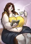  anthro beverage big_breasts blue_eyes book bottomwear breasts canid canine canis clothed clothing container cup domestic_dog female floppy_ears hi_res mammal mature_female molosser mountain_dog navel ocaritna open_book overweight overweight_anthro overweight_female reading saint_bernard sitting skirt solo steam tea_cup thick_thighs vreneli_liljedahl 