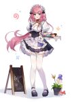  1girl :d absurdres alternate_costume apron bangs black_footwear breasts cake cake_slice character_name cleavage dress elf elysia_(honkai_impact) elysia_(miss_pink_elf)_(honkai_impact) enmaided food frilled_dress frills full_body gloves guzangnanfeng highres holding holding_tray honkai_(series) honkai_impact_3rd looking_at_viewer maid maid_apron maid_headdress menu_board open_mouth pointy_ears shoes short_sleeves smile solo standing tachi-e thighhighs tray white_gloves white_thighhighs 