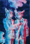  akatan_art anthro bottomwear canid cheek_tuft cigarette clothed clothing duo facial_tuft front_view hair hi_res jacket male mammal messy_hair mouth_closed necktie pants restricted short_hair simple_background smoke smoking standing topwear traditional_media_(artwork) tuft unsigned 