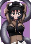  1girl adansosutega armband arms_behind_head arms_up black_eyes black_hair black_mamba_(kemono_friends) bodystocking breasts choker cleavage closed_mouth crop_top hair_between_eyes hat highres kemono_friends long_hair long_sleeves looking_at_viewer medium_breasts navel official_alternate_costume see-through side_ponytail smile snake_tail solo stomach tail upper_body very_long_hair zipper zipper_pull_tab 