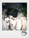  1boy bags_under_eyes black_eyes black_hair blurry blurry_background coffee_cup cup death_note disposable_cup hair_between_eyes holding holding_cup holding_paper indoors jnkku l_(death_note) long_sleeves male_focus messy_hair paper plant polaroid shirt short_hair solo upper_body white_shirt 