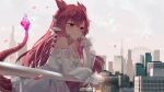  absurdres animal_ears armpit_peek bare_shoulders breasts cityscape cleavage collar dress highres jewelry large_breasts leaning leaning_forward leaning_on_object long_hair namiorii necklace pink_hair red_eyes scales see-through see-through_sleeves standing straight_hair tail vienna vienna_(vtuber) virtual_youtuber white_dress 