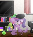  2015 artist_name ball bird_dog bonding canid canine canis collar crossover digital_media_(artwork) domestic_dog embrace equestria_girls female feral feral_on_feral fur green_hair hair hasbro hunting_dog inside kiss_on_lips kissing littlest_pet_shop making_out male male/female mammal my_little_pony on_hind_legs purple_body purple_fur purple_hair spaniel spike_(eg) television tennis_ball zoe_trent 