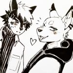  1:1 akatan_art anthro canid clothed clothing cross-popping_vein duo ear_piercing ear_ring hair inner_ear_fluff jacket looking_at_viewer male mammal monochrome piercing ring_piercing short_hair simple_background sweater tongue tongue_out topwear tuft unsigned 
