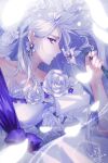  1girl cheongdan_t collarbone dress flower grey_hair hair_flower hair_ornament holding holding_flower long_hair original petals purple_eyes very_long_hair white_dress white_flower 