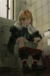  1girl absurdres belt blonde_hair chainsaw_man cigarette clothes_pull hair_between_eyes highres horns long_hair looking_at_viewer necktie off_shoulder orange_eyes pants pants_pull power_(chainsaw_man) sitting solo toilet toilet_paper toilet_use trash_can xilmo 