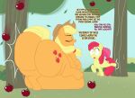  apple apple_bloom_(mlp) applejack_(mlp) belly big_belly big_butt blonde_hair butt clothing cowboy_hat cutie_mark deestopikbakery dialogue digital_media_(artwork) duo earth_pony equid equine eyebrows female feral freckles friendship_is_magic hair hasbro hat headgear headwear hi_res horse huge_butt hyper hyper_belly kick leaf mammal morbidly_obese morbidly_obese_female morbidly_obese_feral my_little_pony obese obese_female obese_feral open_mouth open_smile orange_body outside overweight overweight_female overweight_feral plant pony red_hair red_tail smile tree yellow_body yellow_tail 