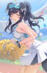  1girl absurdres animal_ears bangs bare_shoulders black_hair blue_archive blue_eyes blush breasts cheerleader crop_top dog_ears dog_girl dog_tail eyewear_on_head from_side goggles goggles_on_head hibiki_(blue_archive) hibiki_(cheerleader)_(blue_archive) highres long_hair looking_at_viewer medium_breasts midriff official_alternate_costume open_mouth outdoors pom_pom_(cheerleading) ponytail skirt sky solo sweat tail thighs tsuiru white_skirt 