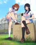  2girls :d adjusting_clothes adjusting_legwear adjusting_sock black_hair black_socks blue_sailor_collar blue_skirt blue_sky blurry blurry_background brown_eyes brown_footwear brown_hair cloud crossed_legs curly_hair grass hair_between_eyes hibike!_euphonium highres kitauji_high_school_uniform kneehighs kousaka_reina loafers long_hair looking_at_another multiple_girls neckerchief oumae_kumiko outdoors panties pantyshot pink_neckerchief pleated_skirt purple_eyes sailor_collar sbel02 school_uniform serafuku shirt shoes short_hair short_sleeves sitting skirt sky smile socks underwear upskirt white_panties white_shirt white_socks 