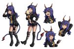  1girl :d arknights arms_behind_head bangs belt black_footwear black_gloves black_jacket black_shorts blue_hair blue_sky boots ch&#039;en_(arknights) closed_eyes cup dragon_horns dragon_tail fingerless_gloves gloves highres holding holding_cup horns jacket knee_boots long_hair looking_at_viewer multiple_views navel necktie oninuer open_mouth red_eyes shorts simple_background sky smile tail white_background yellow_necktie 