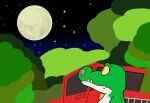  alligator alligatorid anthro cregon crocodile crocodilian crocodylid forest full_moon green_body jolly_the_lizard jollyville male moon multicolored_body night plant reptile scalie sky solo star starry_sky tree truck_(vehicle) two_tone_body vehicle white_body yellow_eyes 