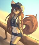  anthro apogee_(tinygaypirate) arm_support arm_tuft beach big_tail black_nose blurred_background bottomwear breasts brown_body brown_eyes brown_fur brown_hair canid canine canis cheek_tuft clothing curled_tail day domestic_dog ear_piercing elbow_tuft eyebrow_through_hair eyebrows eyelashes facial_markings facial_piercing facial_tuft fence floppy_ears fur furgonomics furry-specific_piercing gauged_ear hair hands_behind_back hat head_markings headgear headwear hi_res inner_ear_fluff leaning_on_object legwear long_hair looking_at_viewer mammal markings midriff mottled mottled_nose muzzle_piercing navel nose_piercing outside piercing pink_nose print_clothing print_shirt print_topwear raised_eyebrow sand seaside shadow shirt shorts side_boob slim solo spitz tank_top text text_on_clothing text_on_hat text_on_headwear thigh_highs tinygaypirate topwear translucent translucent_hair tuft 