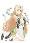  1girl absurdres aotsuba bangs bare_legs bare_shoulders blonde_hair breasts chest_jewel cleavage cleavage_cutout clothing_cutout dress earrings elbow_gloves gloves highres jewelry large_breasts long_hair mythra_(xenoblade) short_dress solo swept_bangs tiara very_long_hair white_dress white_gloves xenoblade_chronicles_(series) xenoblade_chronicles_2 yellow_eyes 