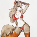  1:1 akatan_art anthro bandaged_arm black_nose bra brown_body brown_fur canid clothed clothing ear_piercing ear_ring eyelashes female front_view fur grey_body grey_fur grey_hair hair long_hair mammal narrowed_eyes navel panties piercing portrait red_bra red_clothing red_panties red_underwear ring_piercing simple_background skimpy smile solo standing three-quarter_portrait underwear unsigned white_background white_body white_fur 