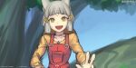  1girl :d animal_ears apron artist_name bangs blue_sky cat_ears chest_jewel facepaint fang gofelem long_sleeves nia_(xenoblade) outdoors red_apron shirt short_hair sketch sky smile solo tree upper_body w xenoblade_chronicles_(series) xenoblade_chronicles_2 yellow_eyes yellow_shirt 