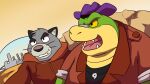  2022 alligator alligatorid anthro biped brok_(character) brok_the_investigator clothing crocodilian detailed_background domestic_cat duo felid feline felis graff_filsh green_body grey_body hat headgear headwear hi_res hoodie kemono mammal outside reptile scalie shachi_ojisan shirt topwear video_games 