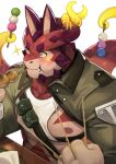  1boy animal_ears bara chest_harness collared_jacket colored_sclera commentary cthugha_(housamo) dango eating food furry furry_male green_jacket harness highres holding holding_skewer jacket large_pectorals male_focus mitarashi_dango muscular muscular_male nipples pectorals pouch purple_eyes sanshoku_dango simple_background sitting skewer solo sparkle sparkling_eyes tank_top tentacle_hair tokyo_afterschool_summoners upper_body wagashi white_background white_tank_top yellow_sclera zoyu_(wuedti) 