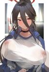  1girl absurdres black_hair black_wings blue_archive blue_jacket blush breast_grab breasts choker collarbone covered_nipples feathered_wings grabbing hair_between_eyes halo hasumi_(blue_archive) hasumi_(gym_uniform)_(blue_archive) high_ponytail highres huge_breasts jacket long_hair long_sleeves looking_at_viewer low_wings mole mole_under_eye nipple_tweak red_eyes shirt solo_focus tomochi_(tmc_tmc8) unaligned_breasts very_long_hair white_shirt wings 