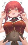  blush breasts covered_navel crop_top hand_on_another&#039;s_stomach heterochromia highres hololive houshou_marine kei8987 large_breasts navel pov pov_hands red_hair virtual_youtuber 