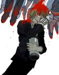  ._(pixiv35127496) 1boy bangs black_footwear black_jacket black_necktie black_pants black_suit blonde_hair blood blood_from_eyes blood_in_hair blood_on_clothes blood_on_face blood_on_feet blood_on_leg chain collared_shirt corpse cowboy_shot earrings eyeball formal hand_up hanging highres holding hunter_x_hunter jacket jewelry kurapika long_sleeves looking_to_the_side male_focus multiple_rings necktie one_eye_covered pants red_eyes ring shirt shoes short_hair simple_background solo_focus suit tube weapon white_background white_shirt wiping_face 