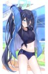  1girl ;) absurdres arisu_(blue_archive) arms_behind_head arms_up bangs black_hair blue_archive blue_eyes blurry buruma commentary depth_of_field eyes_visible_through_hair gym_shirt hair_between_eyes hair_over_one_eye halo highres jacket long_hair long_sleeves looking_at_viewer navel official_alternate_costume one_eye_closed ponytail reneua shirt sidelocks smile solo stadium stomach stretching track_jacket 
