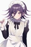  1boy alternate_costume apron bangs black_bow black_bowtie blush bow bowtie closed_mouth crossdressing danganronpa_(series) danganronpa_v3:_killing_harmony enmaided grey_background hand_up highres juliet_sleeves long_sleeves maid maid_apron maid_headdress male_focus medium_hair ouma_kokichi pink_eyes puffy_sleeves shiny shiny_hair simple_background solo sweatdrop urami0310 